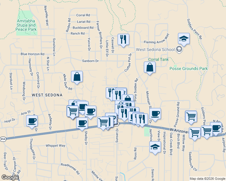 map of restaurants, bars, coffee shops, grocery stores, and more near Jackrabbit Lane in Sedona