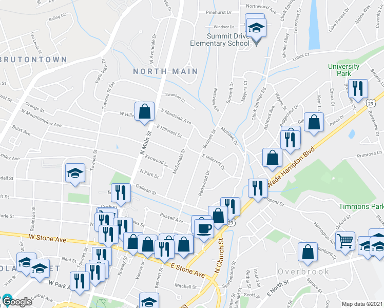 map of restaurants, bars, coffee shops, grocery stores, and more near 106 East Hillcrest Drive in Greenville