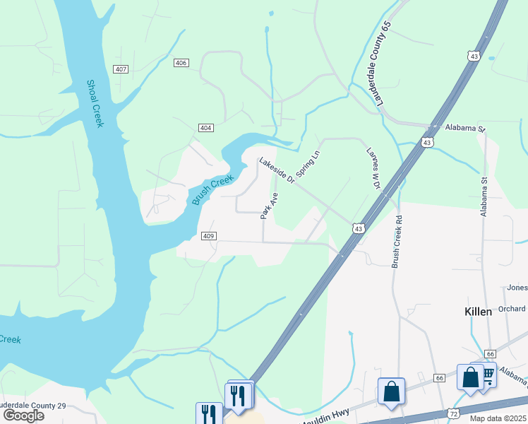 map of restaurants, bars, coffee shops, grocery stores, and more near 101 Park Avenue in Killen