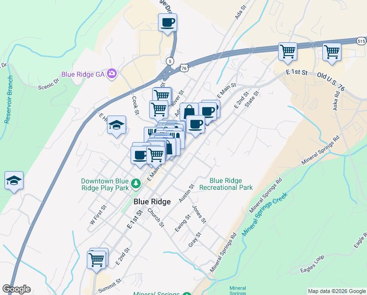map of restaurants, bars, coffee shops, grocery stores, and more near 71 Messer Loop in Blue Ridge