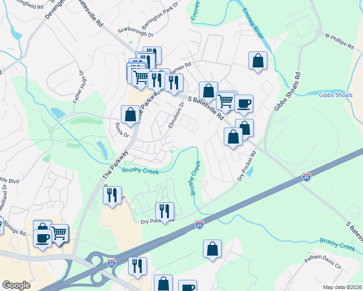 map of restaurants, bars, coffee shops, grocery stores, and more near 502 Pelham Square Way in Greer