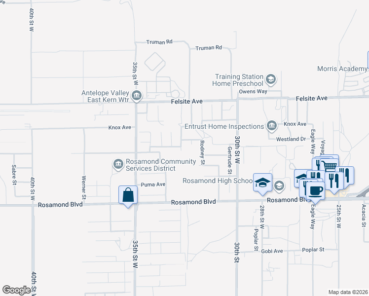 map of restaurants, bars, coffee shops, grocery stores, and more near 3212 Marble Street in Rosamond