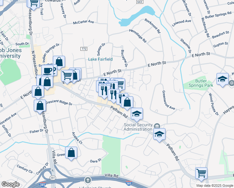 map of restaurants, bars, coffee shops, grocery stores, and more near 215 Pelham Road in Greenville