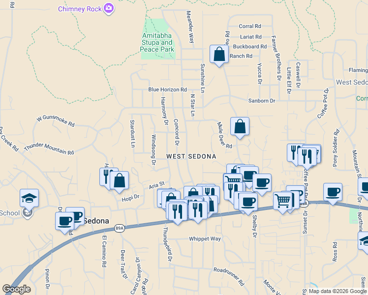 map of restaurants, bars, coffee shops, grocery stores, and more near 330 Andante Drive in Sedona