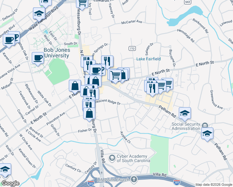 map of restaurants, bars, coffee shops, grocery stores, and more near 10 Pelham Road in Greenville