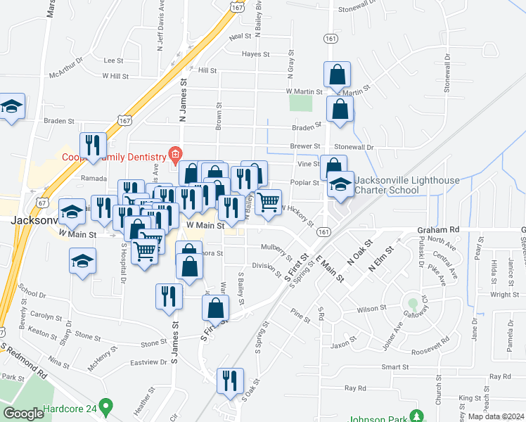 map of restaurants, bars, coffee shops, grocery stores, and more near 401 West Hickory Street in Jacksonville