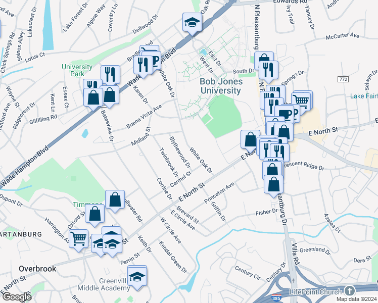 map of restaurants, bars, coffee shops, grocery stores, and more near 111 White Oak Drive in Greenville