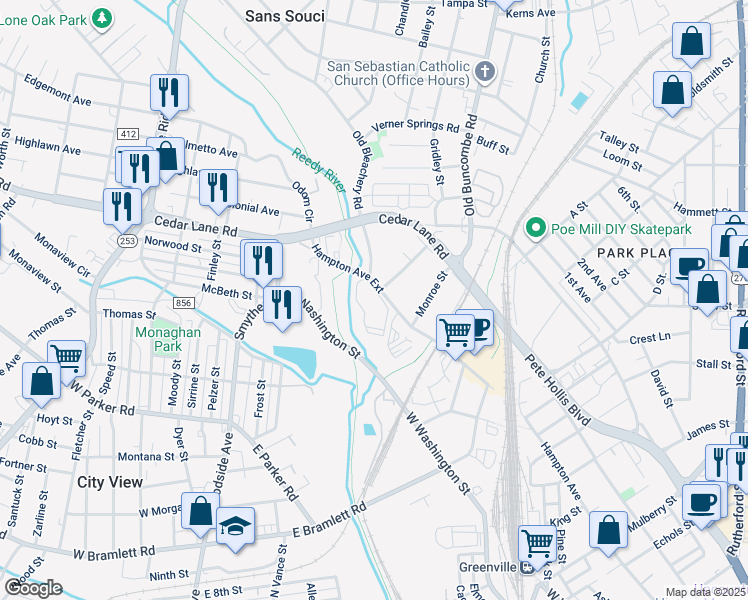 map of restaurants, bars, coffee shops, grocery stores, and more near 1411-1425 Hampton Avenue in Greenville