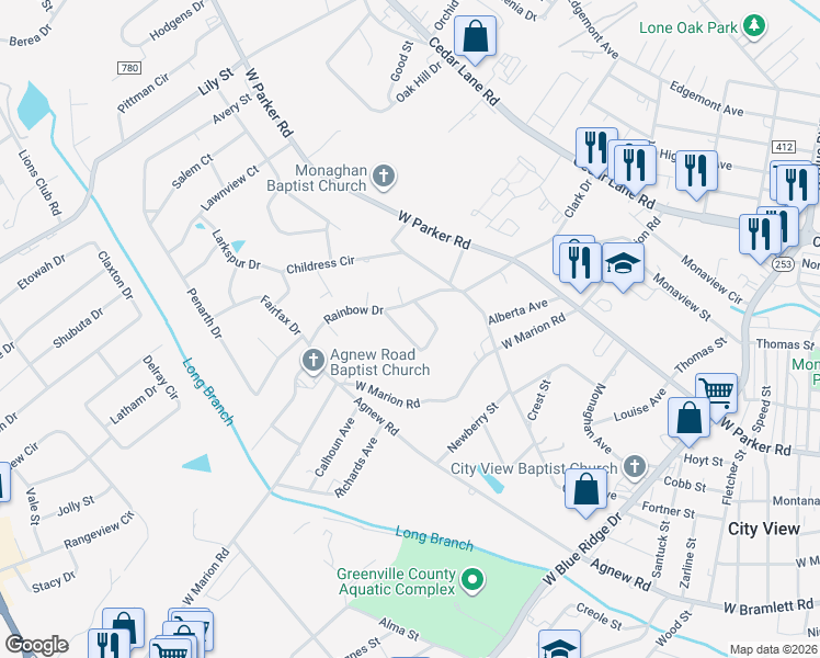 map of restaurants, bars, coffee shops, grocery stores, and more near 33 Bayne Drive in Greenville