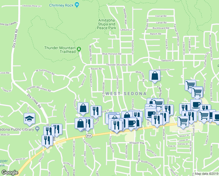 map of restaurants, bars, coffee shops, grocery stores, and more near 355 Harmony Drive in Sedona