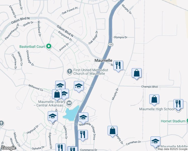 map of restaurants, bars, coffee shops, grocery stores, and more near 16 Hickory Place in Maumelle