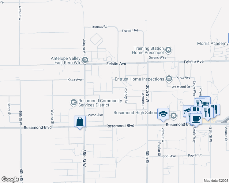 map of restaurants, bars, coffee shops, grocery stores, and more near 3212 Marble Street in Rosamond