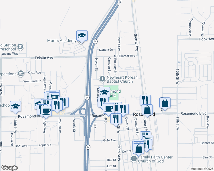 map of restaurants, bars, coffee shops, grocery stores, and more near Rosewood Avenue in Rosamond
