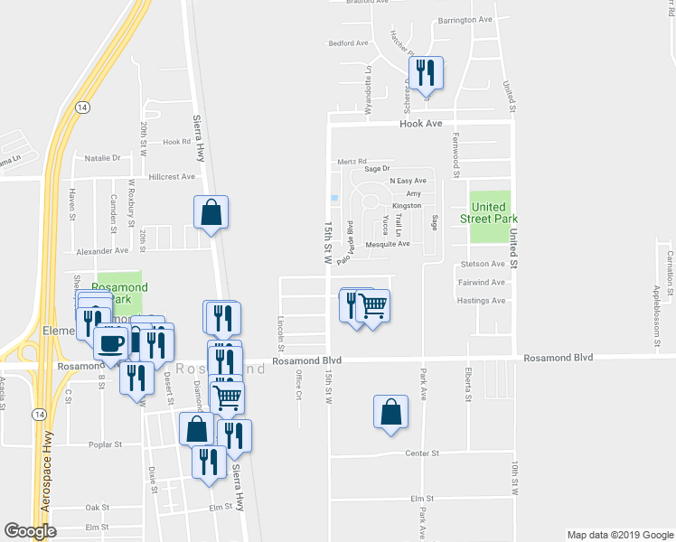 map of restaurants, bars, coffee shops, grocery stores, and more near 1423 Monte Vista Avenue in Rosamond