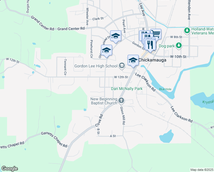 map of restaurants, bars, coffee shops, grocery stores, and more near 408 Crescent Avenue in Chickamauga