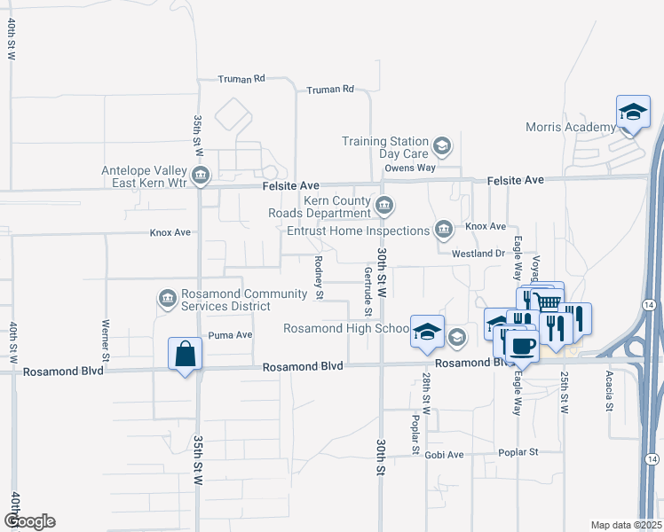 map of restaurants, bars, coffee shops, grocery stores, and more near 3237 Shady Lane in Rosamond