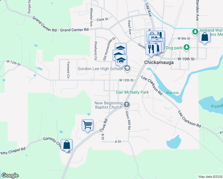 map of restaurants, bars, coffee shops, grocery stores, and more near 408 Crescent Avenue in Chickamauga