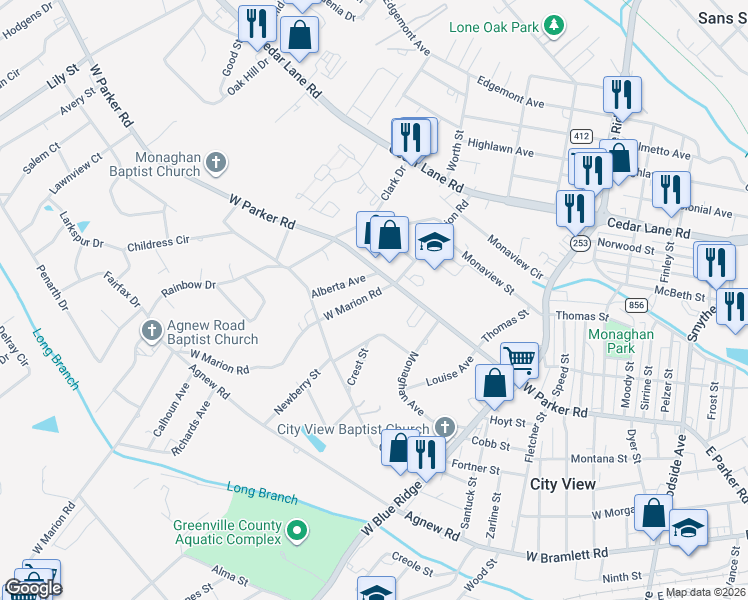 map of restaurants, bars, coffee shops, grocery stores, and more near 11 West Marion Road in Greenville