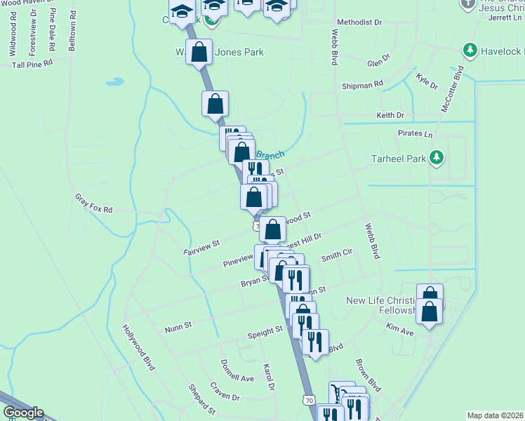 map of restaurants, bars, coffee shops, grocery stores, and more near 707 East Main Street in Havelock