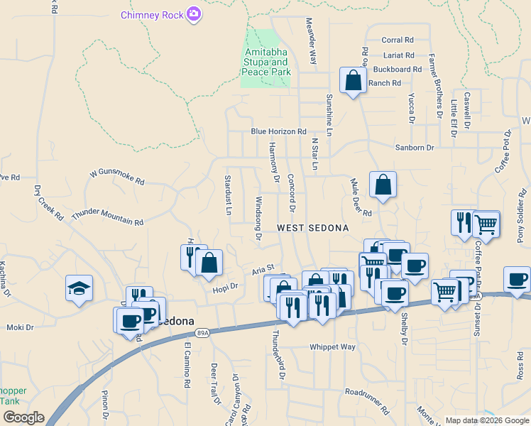 map of restaurants, bars, coffee shops, grocery stores, and more near 170 Windsong Drive in Sedona