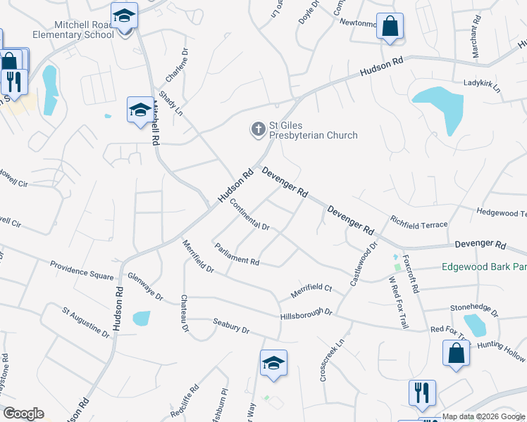 map of restaurants, bars, coffee shops, grocery stores, and more near 111 Continental Drive in Greenville