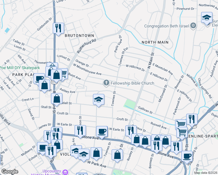 map of restaurants, bars, coffee shops, grocery stores, and more near 111 Ashley Avenue in Greenville