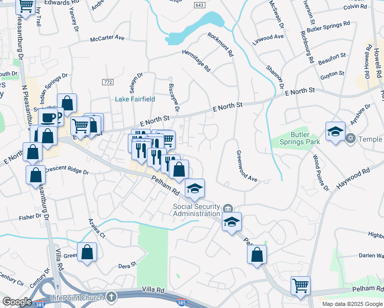 map of restaurants, bars, coffee shops, grocery stores, and more near 134 Pelham Springs Place in Greenville