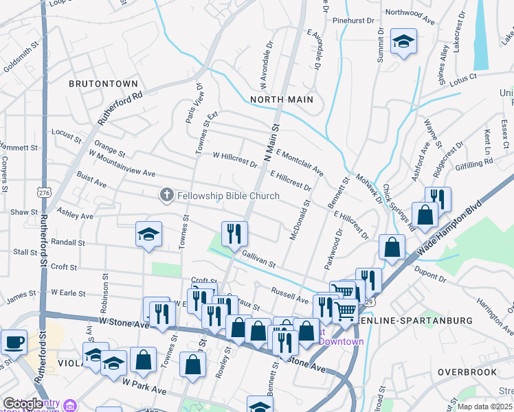 map of restaurants, bars, coffee shops, grocery stores, and more near 1104 North Main Street in Greenville