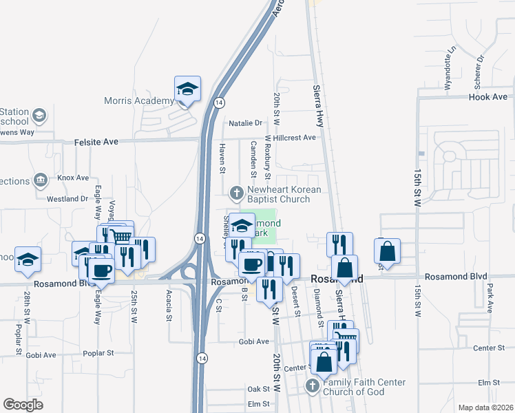 map of restaurants, bars, coffee shops, grocery stores, and more near Rosewood Avenue in Rosamond