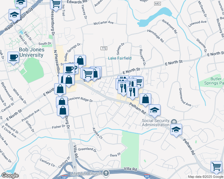map of restaurants, bars, coffee shops, grocery stores, and more near 25 Pelham Road in Greenville
