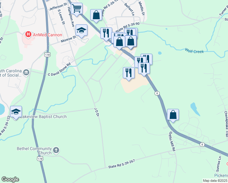 map of restaurants, bars, coffee shops, grocery stores, and more near 174 Roberts Drive in Pickens