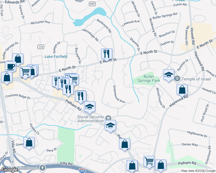 map of restaurants, bars, coffee shops, grocery stores, and more near 515 Rockmont Road in Greenville