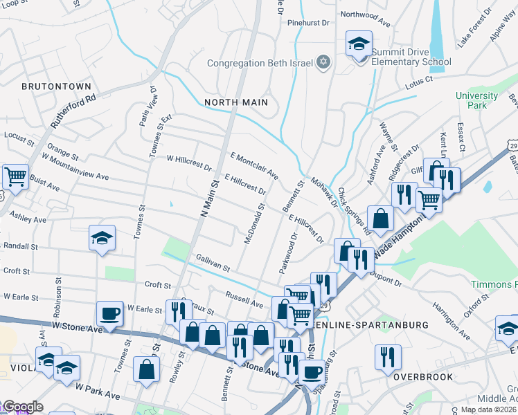 map of restaurants, bars, coffee shops, grocery stores, and more near 106 East Hillcrest Drive in Greenville