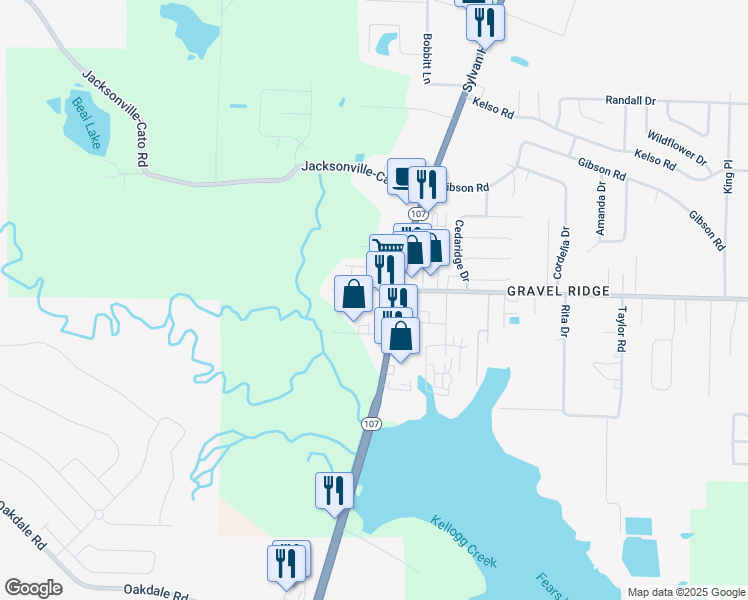 map of restaurants, bars, coffee shops, grocery stores, and more near 14403 Arkansas 107 in Jacksonville