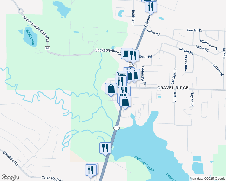 map of restaurants, bars, coffee shops, grocery stores, and more near 14403 Arkansas 107 in Jacksonville
