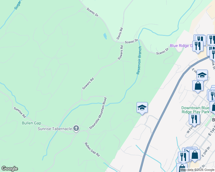 map of restaurants, bars, coffee shops, grocery stores, and more near 353 Sowers Road in Blue Ridge