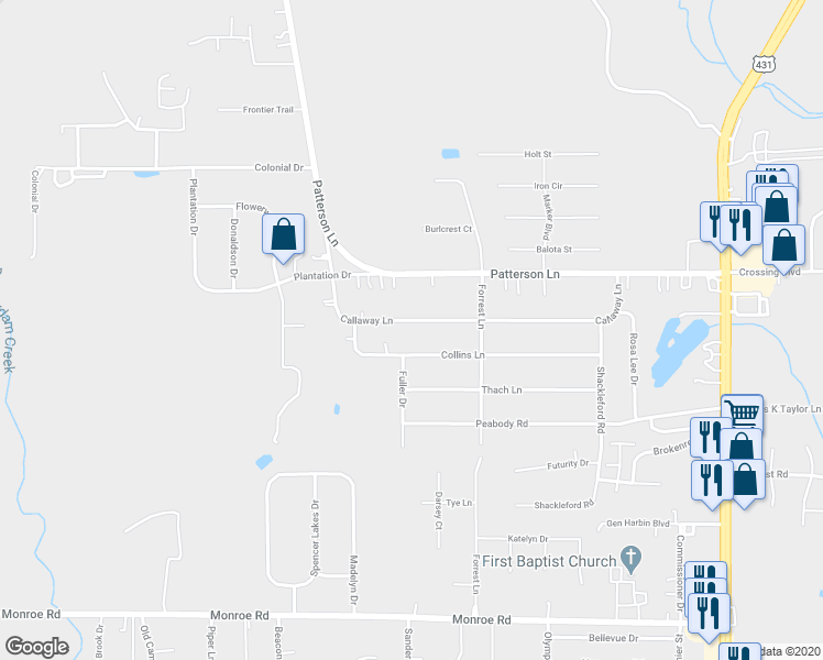 map of restaurants, bars, coffee shops, grocery stores, and more near 116 Callaway Lane in Meridianville
