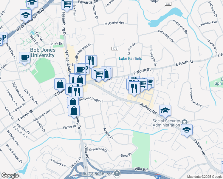 map of restaurants, bars, coffee shops, grocery stores, and more near 2530 East North Street in Greenville