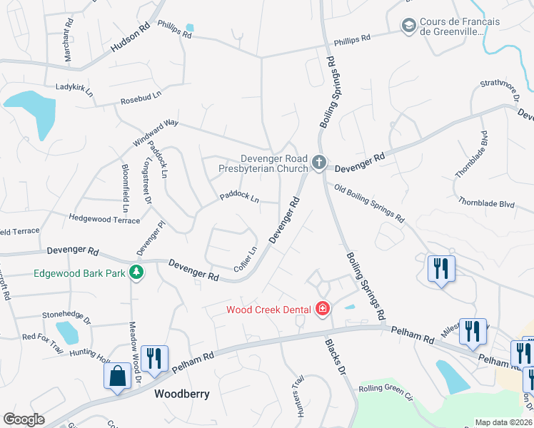 map of restaurants, bars, coffee shops, grocery stores, and more near 38 Collier Lane in Greer