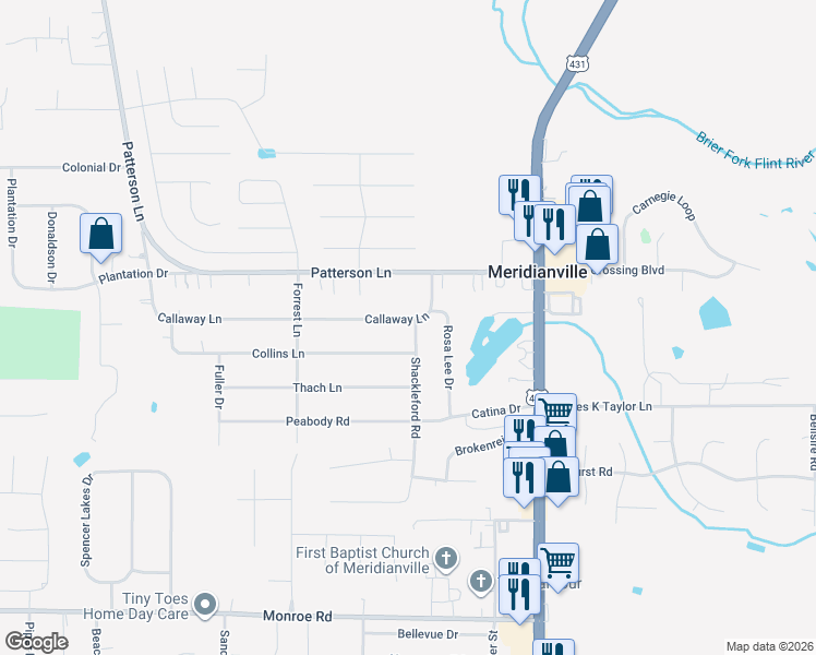 map of restaurants, bars, coffee shops, grocery stores, and more near 217 Collins Lane in Meridianville