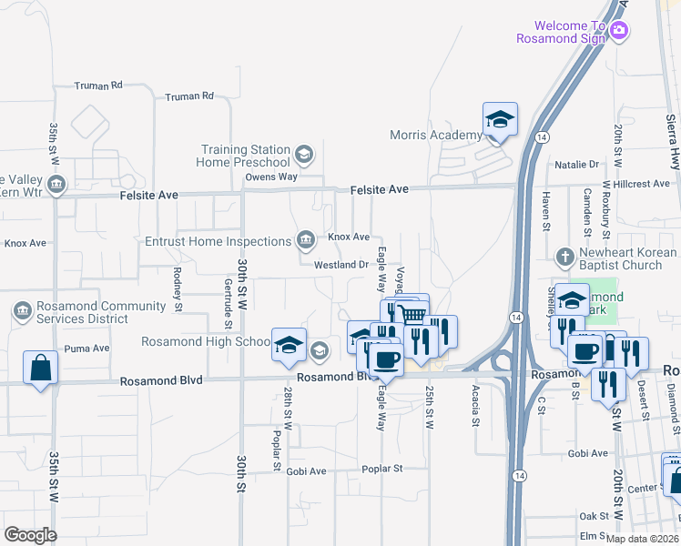 map of restaurants, bars, coffee shops, grocery stores, and more near 2732 Westland Drive in Rosamond