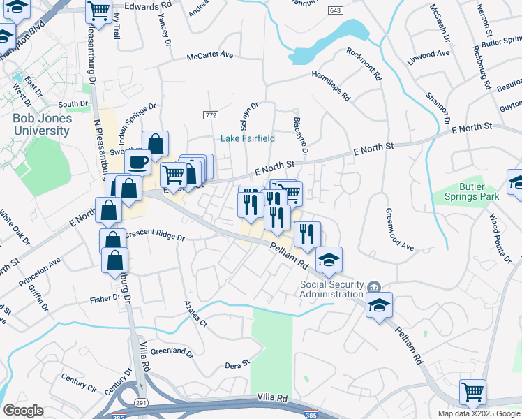 map of restaurants, bars, coffee shops, grocery stores, and more near 215 Pelham Road in Greenville