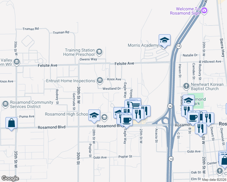 map of restaurants, bars, coffee shops, grocery stores, and more near 2716 Westland Drive in Rosamond