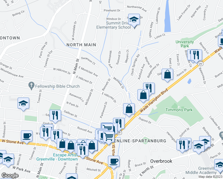 map of restaurants, bars, coffee shops, grocery stores, and more near 210 East Montclair Avenue in Greenville