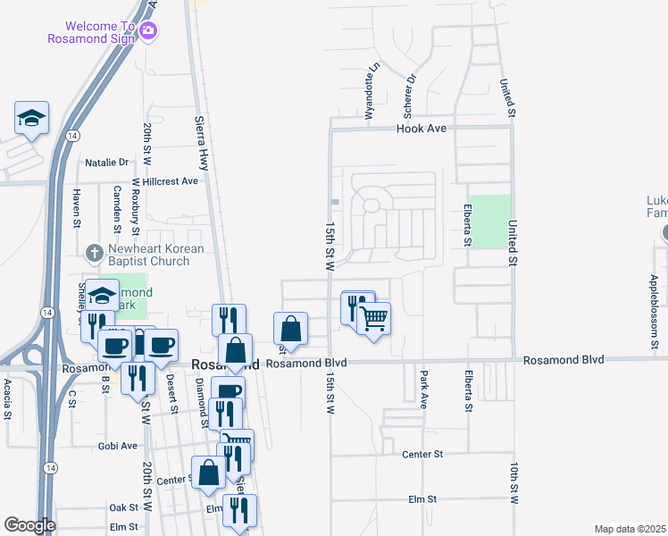 map of restaurants, bars, coffee shops, grocery stores, and more near 1430 Monte Vista Avenue in Rosamond