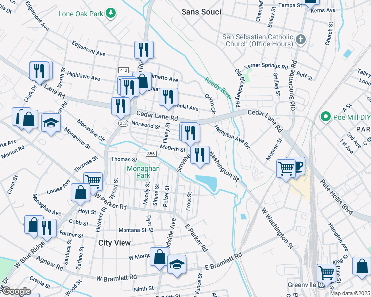 map of restaurants, bars, coffee shops, grocery stores, and more near 3 McBeth Street in Greenville