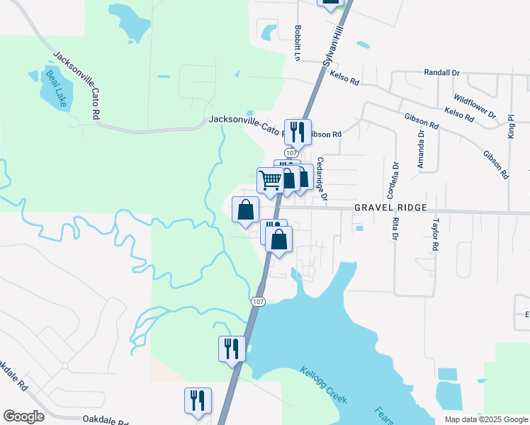 map of restaurants, bars, coffee shops, grocery stores, and more near 14403 Arkansas 107 in Jacksonville