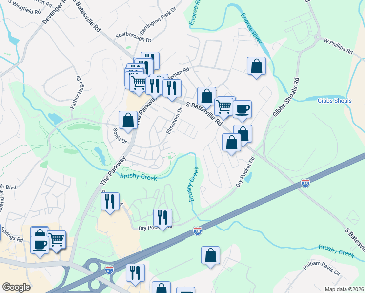 map of restaurants, bars, coffee shops, grocery stores, and more near 502 Pelham Square Way in Greer