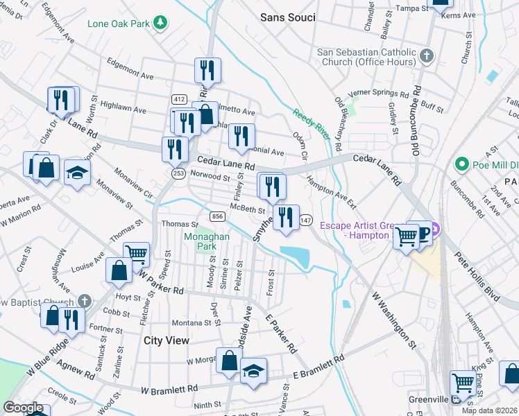 map of restaurants, bars, coffee shops, grocery stores, and more near 6 McBeth Street in Greenville