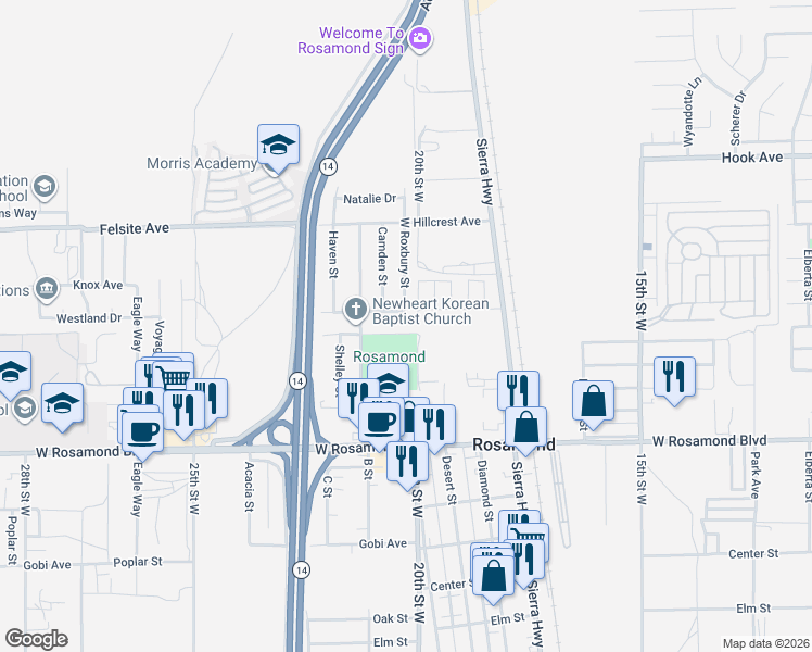 map of restaurants, bars, coffee shops, grocery stores, and more near 2035 Rosewood Avenue in Rosamond